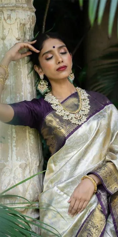 KP 3045 White & Purple Color Soft Lichi Silk Jacquard Work Saree Casual, Party Wear, Wedding, Events Etc. Expected Delivery 4-6 Working Days @1449/- | Designer Sarees, Sarees, Bollywood Sarees, Creative Sarees, Embroidered Sarees, Ethnic Saree, Modern Digital sarees, Party Wear Sarees