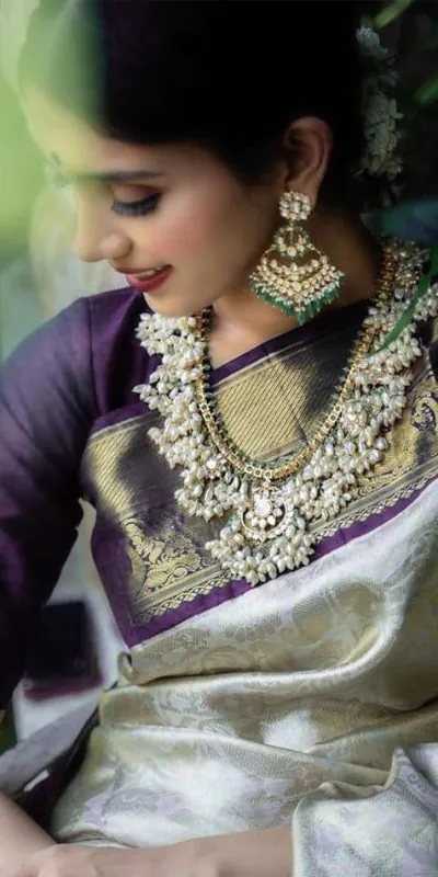 KP 3045 White & Purple Color Soft Lichi Silk Jacquard Work Saree Casual, Party Wear, Wedding, Events Etc. Expected Delivery 4-6 Working Days @1449/- | Designer Sarees, Sarees, Bollywood Sarees, Creative Sarees, Embroidered Sarees, Ethnic Saree, Modern Digital sarees, Party Wear Sarees