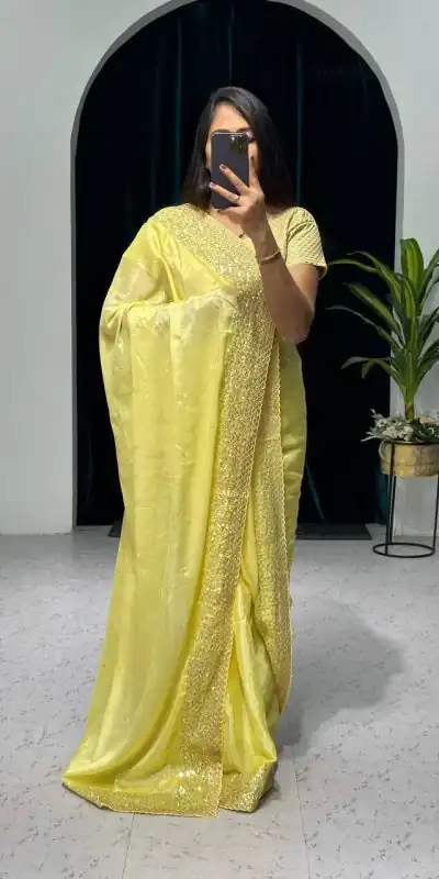 ST 465 Yellow Color Chinon Sequins & Zari Embroidery Work Saree Casual, Wedding, Party, Festive, Events Etc. Expected Delivery 4-6 Working Days @1999/- | Designer Sarees, Sarees, Bollywood Sarees, Creative Sarees, Embroidered Sarees, Ethnic Saree, Modern Digital sarees, Party Wear Sarees