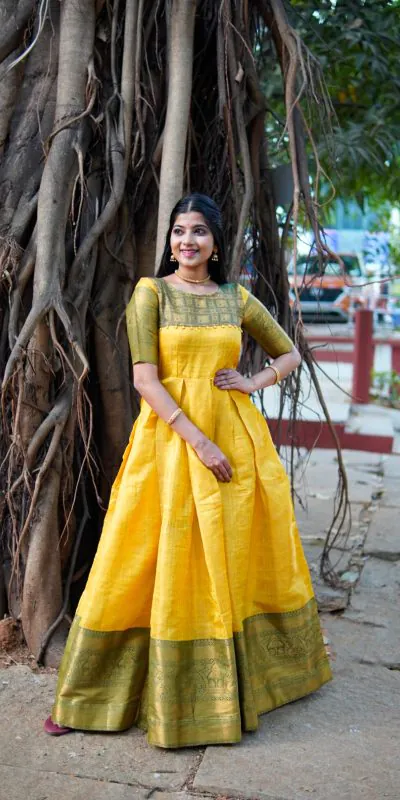 YNF5311 Yellow Color Kanjivaram Silk Zari Weaving Work Gown Casual, Wedding, Festive, Events, Designer Party Wear,  Expected Delivery 4-6 Working Days @1699 | Gowns, Bollywood Gowns, Creative Gowns, Designer Gowns, Embroidered Gowns, Party Wear Gowns