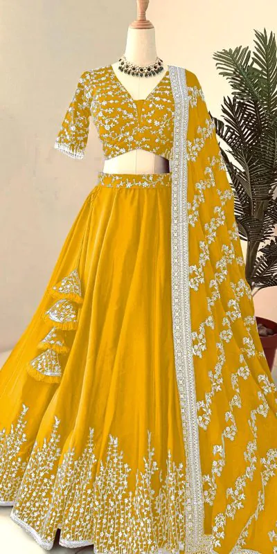 ZF 358 Yellow Color Faux Georgette With Heavy Embroidery Sequence Work Lehenga Choli Wedding, Party, Events Etc. Expected Delivery 4-6 Working Days 2099/- | Lehenga, Bollywood Lehenga, Creative Lehenga, Designer Lehenga, Embroidered Lehenga, Party Wear Lehenga