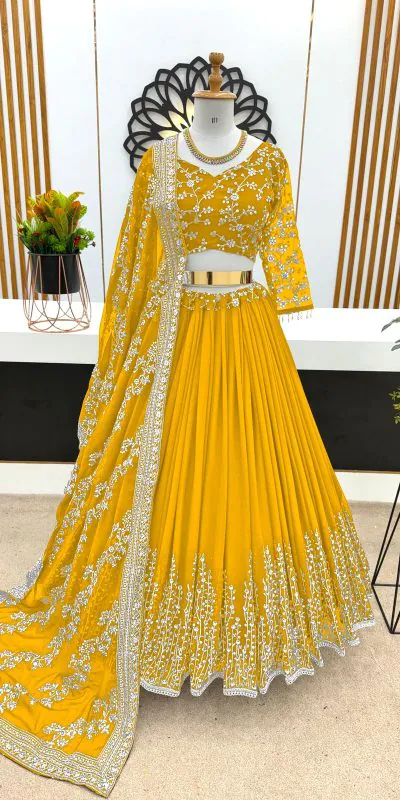 ZF 358 Yellow Color Faux Georgette With Heavy Embroidery Sequence Work Lehenga Choli Wedding, Party, Events Etc. Expected Delivery 4-6 Working Days 2099/- | Lehenga, Bollywood Lehenga, Creative Lehenga, Designer Lehenga, Embroidered Lehenga, Party Wear Lehenga
