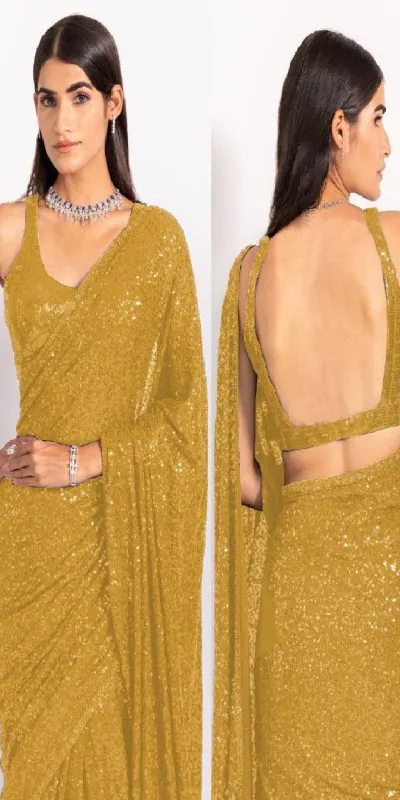 KT 250 Golden Color Georgette Fancy Sequence Work Saree Blouse: Bangalore Silk Casual, Party Wear, Wedding   Expected Delivery 4-6 Working Days@1799/- | Designer Sarees, Sarees, Bollywood Sarees, Creative Sarees, Embroidered Sarees, Party Wear Sarees
