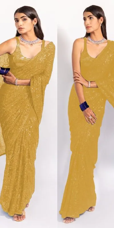 KT 250 Golden Color Georgette Fancy Sequence Work Saree Blouse: Bangalore Silk Casual, Party Wear, Wedding Expected Delivery 4-6 Working Days@1799/- | Designer Sarees, Sarees, Bollywood Sarees, Creative Sarees, Embroidered Sarees, Party Wear Sarees