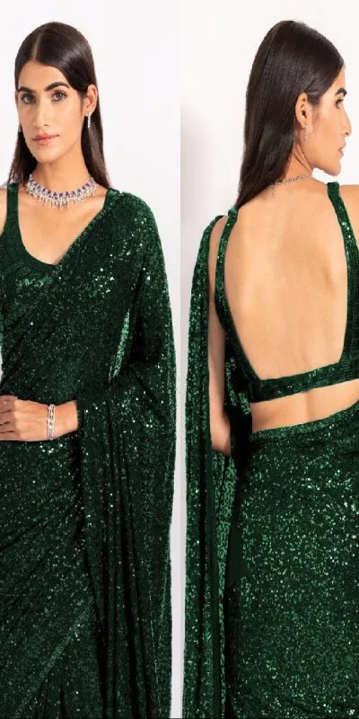 KT 250 Green Color Georgette Fancy Sequence Work Saree Blouse: Bangalore Silk Casual, Party Wear, Wedding   Expected Delivery 4-6 Working Days@1799/- | Designer Sarees, Sarees, Bollywood Sarees, Creative Sarees, Embroidered Sarees, Party Wear Sarees