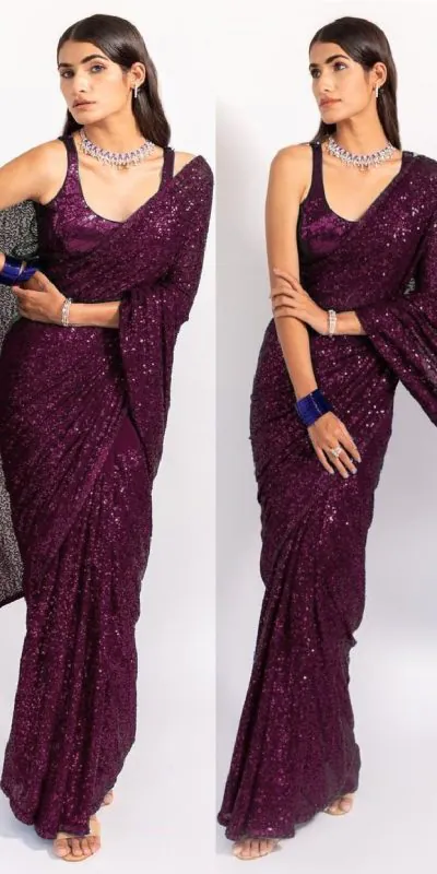 KT 250 Purple Color Georgette Fancy Sequence Work Saree Blouse: Bangalore Silk Casual, Party Wear, Wedding Expected Delivery 4-6 Working Days@1799/- | Designer Sarees, Sarees, Bollywood Sarees, Creative Sarees, Embroidered Sarees, Party Wear Sarees