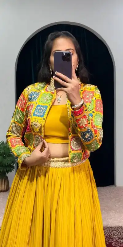 ST 1044 Yellow Color Georgette Zari Kashmiri Mirror Lehenga Choli Casual, Wedding, Party, Festive, Events Etc. Expected Delivery 4-6 Working Days @2049/- | Lehenga, Bollywood Lehenga, Creative Lehenga, Designer Lehenga, Embroidered Lehenga, Party Wear Lehenga