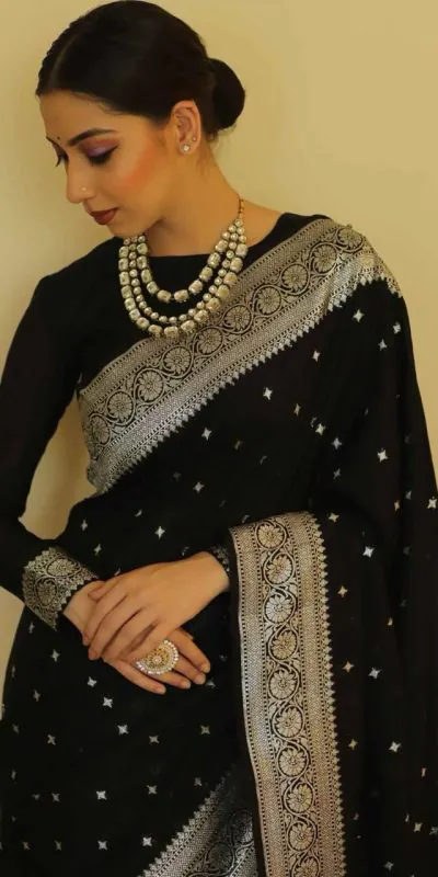 KP 5064 Black Color Soft Lichi Silk Cloth Beautiful Rich Pallu Saree Casual, Party Wear, Wedding, Events Etc.   Expected Delivery 4-6 Working Days @ 1399/- | Designer Sarees, Sarees, Bollywood Sarees, Creative Sarees, Embroidered Sarees, Ethnic Saree, Modern Digital sarees, Party Wear Sarees