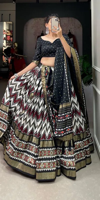 LNB1683 Black Color Tussar Silk Leheriya Foil Print Lehenga Choli Gotta Patti Lace Festive Party Wedding, Events etc. Delivery 4-6 Working Days @2199 | Lehenga, Bollywood Lehenga, Creative Lehenga, Designer Lehenga, Embroidered Lehenga, Party Wear Lehenga