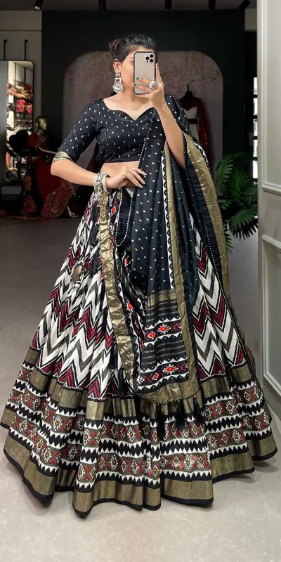 LNB1683 Black Color Tussar Silk Leheriya Foil Print Lehenga Choli Gotta Patti Lace Festive Party Wedding, Events etc. Delivery 4-6 Working Days @2199 | Lehenga, Bollywood Lehenga, Creative Lehenga, Designer Lehenga, Embroidered Lehenga, Party Wear Lehenga