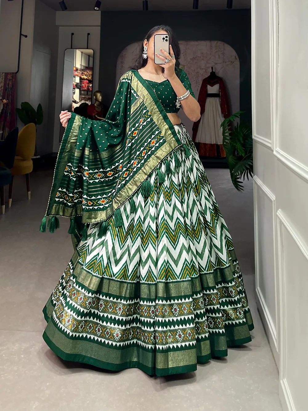 LNB1683 Green Color Tussar Silk Leheriya Foil Print Lehenga Choli Gotta Patti Lace Festive Party Wedding, Events etc. Delivery 4-6 Working Days @2199 | Lehenga, Bollywood Lehenga, Creative Lehenga, Designer Lehenga, Embroidered Lehenga, Party Wear Lehenga