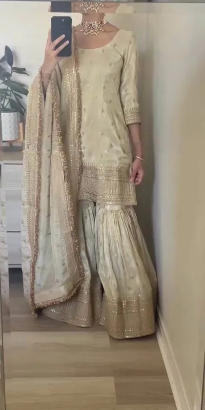 SRK-5143 Off White Color Pure Chinnon Silk Embroidery Sequence Salwar Suit Wedding, Party, Festive, Events Expected Delivery 4-6 Working Days @ 2150/- | Jump Suits, Salwar suit, Casual Suits, Creative suits, Designer Suits, Palazzo Suits, Party Wear Suits, Patiala Suits, Straight Suits