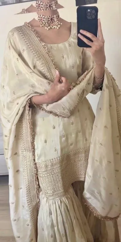 SRK-5143 Off White Color Pure Chinnon Silk Embroidery Sequence Salwar Suit Wedding, Party, Festive, Events Expected Delivery 4-6 Working Days @ 2150/- | Jump Suits, Salwar suit, Casual Suits, Creative suits, Designer Suits, Palazzo Suits, Party Wear Suits, Patiala Suits, Straight Suits