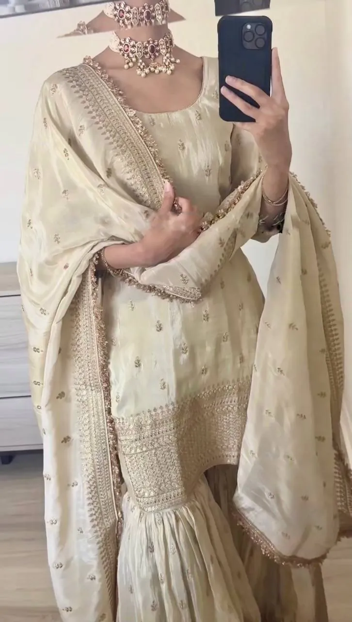 SRK-5143 Off White Color Pure Chinnon Silk Embroidery Sequence Salwar Suit Wedding, Party, Festive, Events Expected Delivery 4-6 Working Days @ 2150/- | Jump Suits, Salwar suit, Casual Suits, Creative suits, Designer Suits, Palazzo Suits, Party Wear Suits, Patiala Suits, Straight Suits