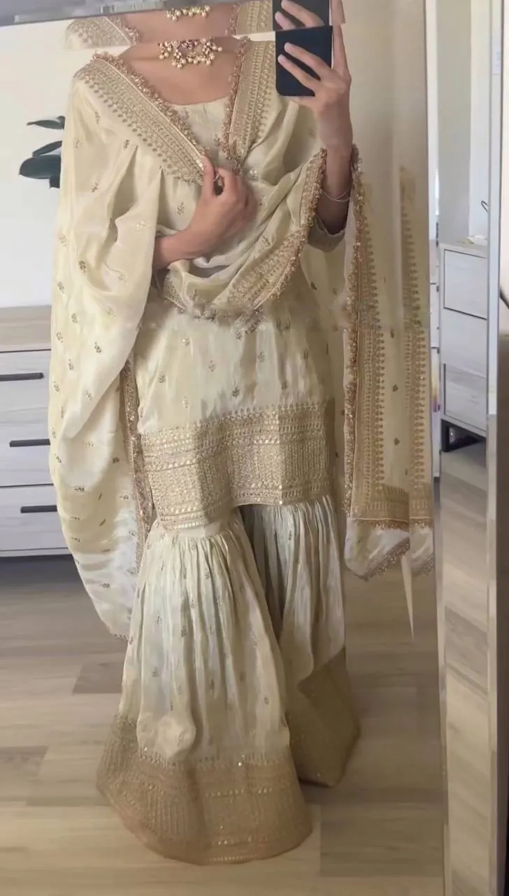 SRK-5143 Off White Color Pure Chinnon Silk Embroidery Sequence Salwar Suit Wedding, Party, Festive, Events Expected Delivery 4-6 Working Days @ 2150/- | Jump Suits, Salwar suit, Casual Suits, Creative suits, Designer Suits, Palazzo Suits, Party Wear Suits, Patiala Suits, Straight Suits