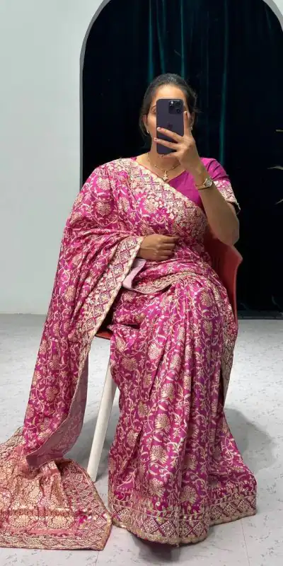 ST 390 Pink Color Vichitra Silk Digital Printed Embroidery Saree Casual, Wedding, Party, Festive, Events Etc. Expected Delivery 4-6 Working Days @1949/- | Designer Sarees, Sarees, Bollywood Sarees, Creative Sarees, Embroidered Sarees, Ethnic Saree, Modern Digital sarees, Party Wear Sarees