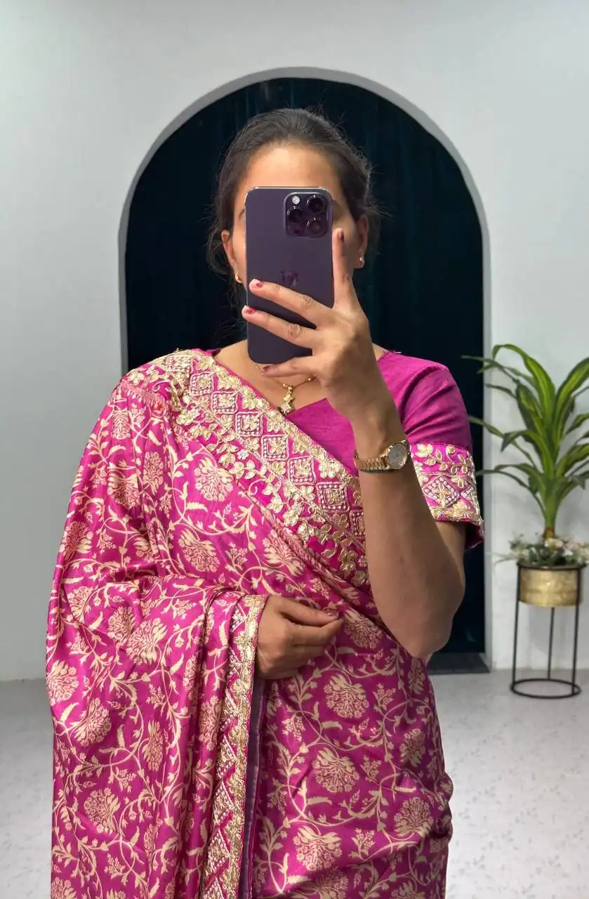 ST 390 Pink Color Vichitra Silk Digital Printed Embroidery Saree Casual, Wedding, Party, Festive, Events Etc. Expected Delivery 4-6 Working Days @1949/- | Designer Sarees, Sarees, Bollywood Sarees, Creative Sarees, Embroidered Sarees, Ethnic Saree, Modern Digital sarees, Party Wear Sarees