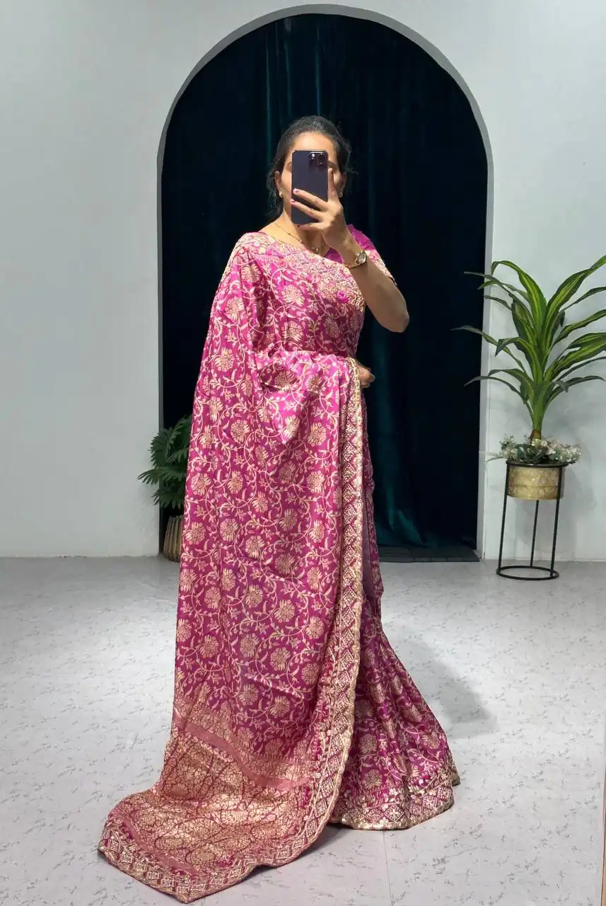 ST 390 Pink Color Vichitra Silk Digital Printed Embroidery Saree Casual, Wedding, Party, Festive, Events Etc. Expected Delivery 4-6 Working Days @1949/- | Designer Sarees, Sarees, Bollywood Sarees, Creative Sarees, Embroidered Sarees, Ethnic Saree, Modern Digital sarees, Party Wear Sarees