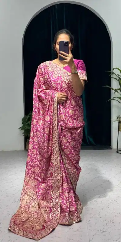 ST 390 Pink Color Vichitra Silk Digital Printed Embroidery Saree Casual, Wedding, Party, Festive, Events Etc. Expected Delivery 4-6 Working Days @1949/- | Designer Sarees, Sarees, Bollywood Sarees, Creative Sarees, Embroidered Sarees, Ethnic Saree, Modern Digital sarees, Party Wear Sarees