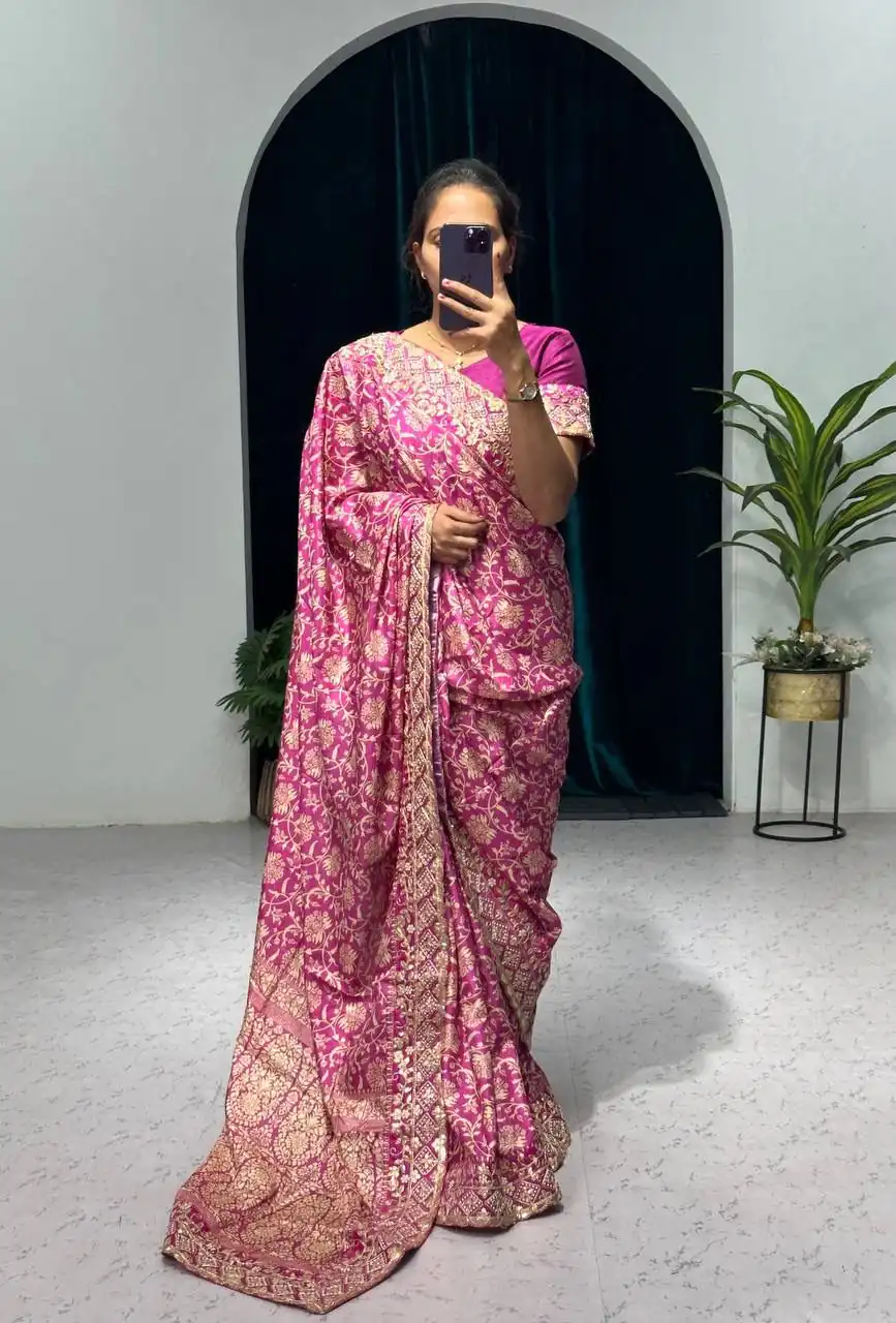 ST 390 Pink Color Vichitra Silk Digital Printed Embroidery Saree Casual, Wedding, Party, Festive, Events Etc. Expected Delivery 4-6 Working Days @1949/- | Designer Sarees, Sarees, Bollywood Sarees, Creative Sarees, Embroidered Sarees, Ethnic Saree, Modern Digital sarees, Party Wear Sarees
