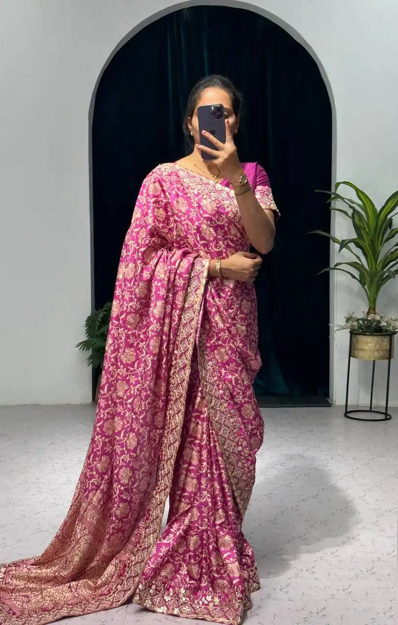 ST 390 Pink Color Vichitra Silk Digital Printed Embroidery Saree Casual, Wedding, Party, Festive, Events Etc. Expected Delivery 4-6 Working Days @1949/- | Designer Sarees, Sarees, Bollywood Sarees, Creative Sarees, Embroidered Sarees, Ethnic Saree, Modern Digital sarees, Party Wear Sarees