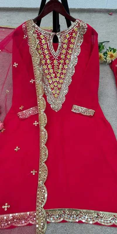 NSR 784 Red Color Georgette Embroidery Sequence Mirror Hand Work Salwar Suit Casual, Party Festive, Events Etc. Expected Delivery 4-6 Working Days @2050/- | Jump Suits, Salwar suit, Casual Suits, Creative suits, Designer Suits, Palazzo Suits, Party Wear Suits, Patiala Suits, Straight Suits