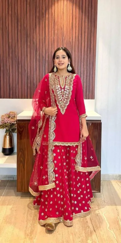 NSR 784 Red Color Georgette Embroidery Sequence Mirror Hand Work Salwar Suit Casual, Party Festive, Events Etc. Expected Delivery 4-6 Working Days @2050/- | Jump Suits, Salwar suit, Casual Suits, Creative suits, Designer Suits, Palazzo Suits, Party Wear Suits, Patiala Suits, Straight Suits