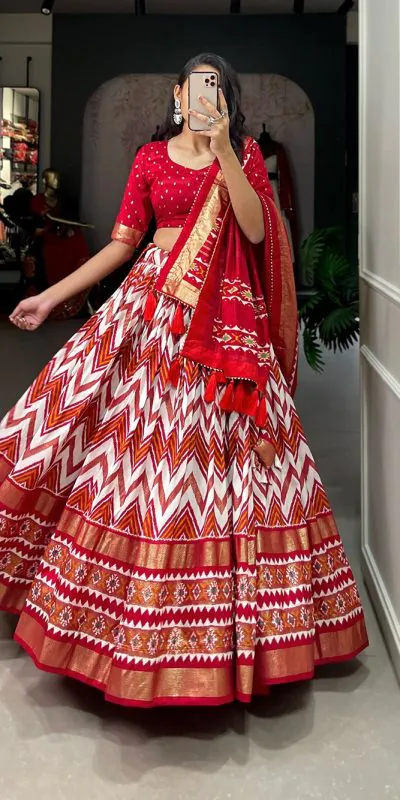 LNB1683 Red Color Tussar Silk Leheriya Foil Print Lehenga Choli Gotta Patti Lace Festive Party Wedding, Events etc. Delivery 4-6 Working Days @2199 | Lehenga, Bollywood Lehenga, Creative Lehenga, Designer Lehenga, Embroidered Lehenga, Party Wear Lehenga