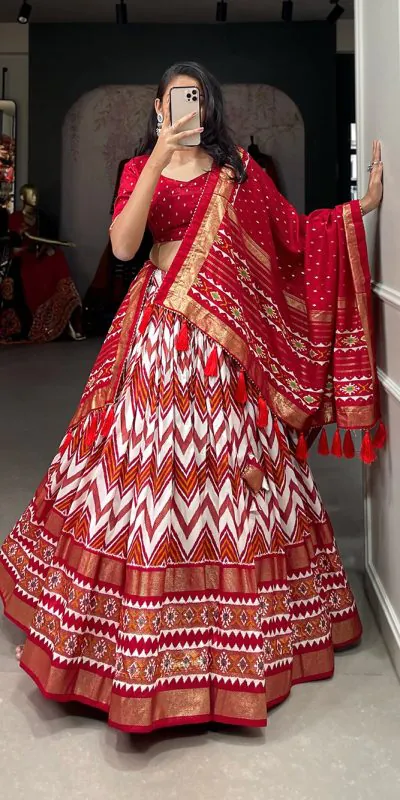 LNB1683 Red Color Tussar Silk Leheriya Foil Print Lehenga Choli Gotta Patti Lace Festive Party Wedding, Events etc. Delivery 4-6 Working Days @2199 | Lehenga, Bollywood Lehenga, Creative Lehenga, Designer Lehenga, Embroidered Lehenga, Party Wear Lehenga