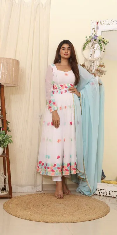 RTC 8041 B White  Color Georgette Embroidered Swarovski Anarkali Suit Casual, Wedding, Party, Festive, Events Etc. Expected Delivery 4-6 Working Days @1899 | Anarkali Suits, Bollywood Anarkali, Creative-Anarkali, Designer Anarkali, Embroidered Anarkali, Party Wear Anarkali, Straight Suits