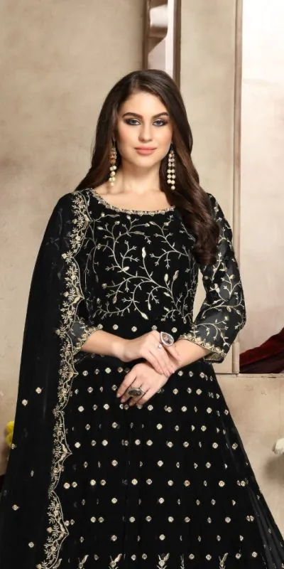  FC 94003 Black Color Georgette Multi Thread Zari Stich Anarkali Suit Wedding, Party, Festive events, etc. Expected Delivery  4-6 Working Days @2149/- | Anarkali Suits, Bollywood Anarkali, Creative-Anarkali, Designer Anarkali, Embroidered Anarkali, Party Wear Anarkali