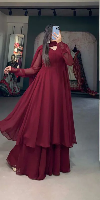 YNF3502 Maroon Color Georgette Plain Top Plain Plaza And Dupatta Casual, Wedding, Party, Festive, Events Etc.  Expected Delivery  4-6 Working Days @1999/- | Jump Suits, Salwar suit, Casual Suits, Creative suits, Designer Suits, Palazzo Suits, Party Wear Suits, Patiala Suits, Straight Suits