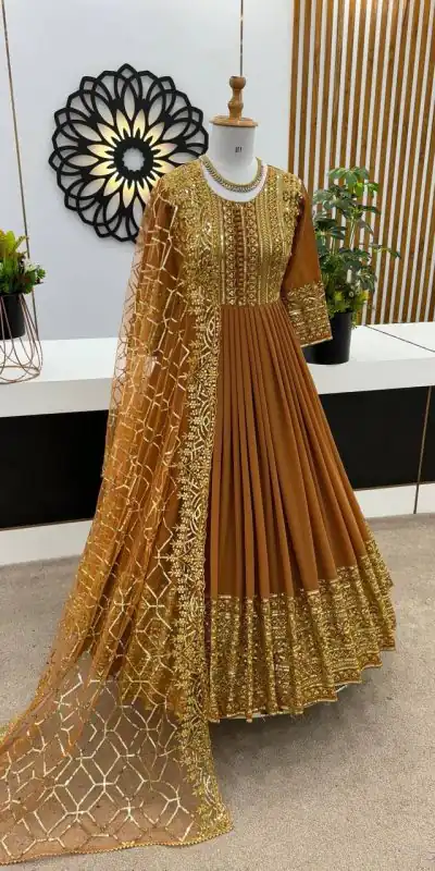 ZSR 3059 Mustard Color Georgette Embroidery Sequence Work Gown Casual, Wedding, Party, Festive, Events Etc. Expected Delivery 4-6 Working Days 2049/- | Gowns, Bollywood Gowns, Creative Gowns, Designer Gowns, Embroidered Gowns, Party Wear Gowns