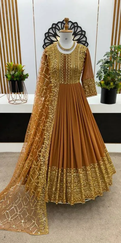 Elegant Mustard Color Georgette Embroidery Sequence Gown