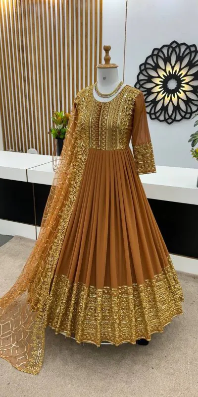 ZSR 3059 Mustard Color Georgette Embroidery Sequence Work Gown Casual, Wedding, Party, Festive, Events Etc. Expected Delivery 4-6 Working Days 2049/- | Gowns, Bollywood Gowns, Creative Gowns, Designer Gowns, Embroidered Gowns, Party Wear Gowns