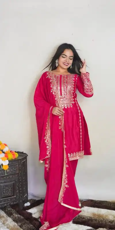 SRK 5151 Pink  Color Pure Chinnon Silk Embroidery Sequence Salwar Suit Wedding, Party, Festive, Events Expected Delivery 4-6 Working Days @ 1949/- | Jump Suits, Salwar suit, Casual Suits, Creative suits, Designer Suits, Palazzo Suits, Party Wear Suits, Patiala Suits, Straight Suits