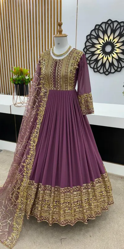 ZSR 3059 Purple Color Georgette Embroidery Sequence Work Gown Casual, Wedding, Party, Festive, Events Etc. Expected Delivery 4-6 Working Days 2049/- | Gowns, Bollywood Gowns, Creative Gowns, Designer Gowns, Embroidered Gowns, Party Wear Gowns