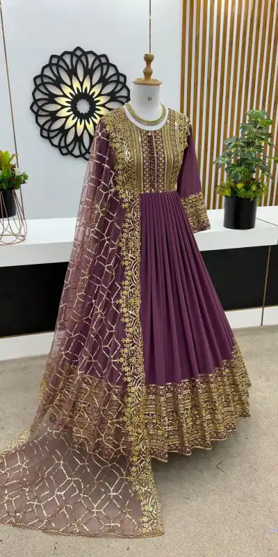 ZSR 3059 Purple Color Georgette Embroidery Sequence Work Gown Casual, Wedding, Party, Festive, Events Etc. Expected Delivery 4-6 Working Days 2049/- | Gowns, Bollywood Gowns, Creative Gowns, Designer Gowns, Embroidered Gowns, Party Wear Gowns