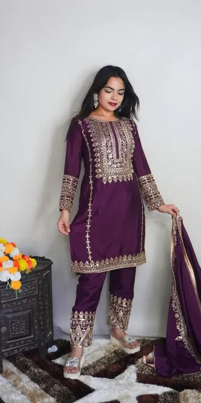 SRK 5151 Purple Color Pure Chinnon Silk Embroidery Sequence Salwar Suit Wedding, Party, Festive, Events Expected Delivery 4-6 Working Days @ 1949/- | Jump Suits, Salwar suit, Casual Suits, Creative suits, Designer Suits, Palazzo Suits, Party Wear Suits, Patiala Suits, Straight Suits