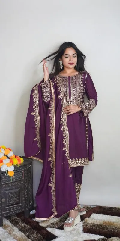 SRK 5151 Purple Color Pure Chinnon Silk Embroidery Sequence Salwar Suit Wedding, Party, Festive, Events Expected Delivery 4-6 Working Days @ 1949/- | Jump Suits, Salwar suit, Casual Suits, Creative suits, Designer Suits, Palazzo Suits, Party Wear Suits, Patiala Suits, Straight Suits