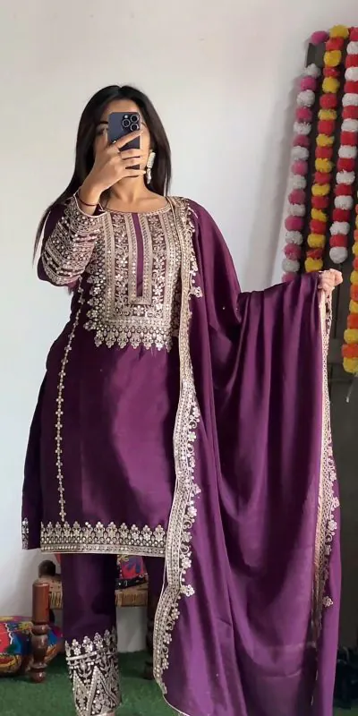 SRK 5151 Purple Color Pure Chinnon Silk Embroidery Sequence Salwar Suit Wedding, Party, Festive, Events Expected Delivery 4-6 Working Days @ 1949/- | Jump Suits, Salwar suit, Casual Suits, Creative suits, Designer Suits, Palazzo Suits, Party Wear Suits, Patiala Suits, Straight Suits
