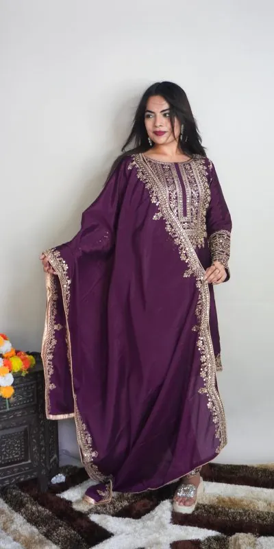SRK 5151 Purple Color Pure Chinnon Silk Embroidery Sequence Salwar Suit Wedding, Party, Festive, Events Expected Delivery 4-6 Working Days @ 1949/- | Jump Suits, Salwar suit, Casual Suits, Creative suits, Designer Suits, Palazzo Suits, Party Wear Suits, Patiala Suits, Straight Suits