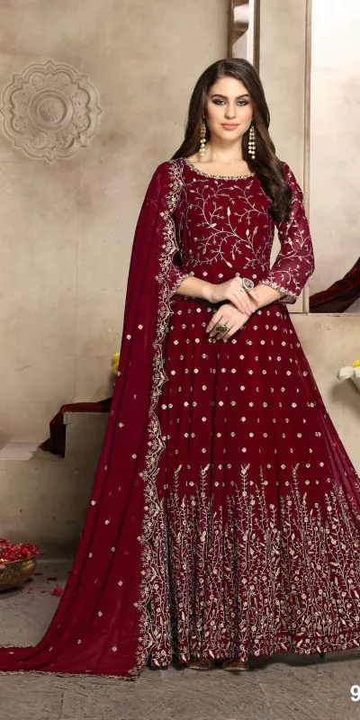 FC 94009 Red Color Georgette Multi Thread Zari Stich Anarkali Suit Wedding, Party, Festive events, etc. Expected Delivery 4-6 Working Days @2149/- | Anarkali Suits, Bollywood Anarkali, Creative-Anarkali, Designer Anarkali, Embroidered Anarkali, Party Wear Anarkali