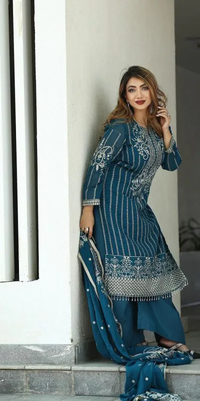 SRK 5152 Blue Color Pure Chinnon Silk Embroidery Sequence Salwar Suit Wedding, Party, Festive, Events Expected Delivery 4-6 Working Days @ 1899/- | Jump Suits, Salwar suit, Casual Suits, Creative suits, Designer Suits, Palazzo Suits, Party Wear Suits, Patiala Suits, Straight Suits