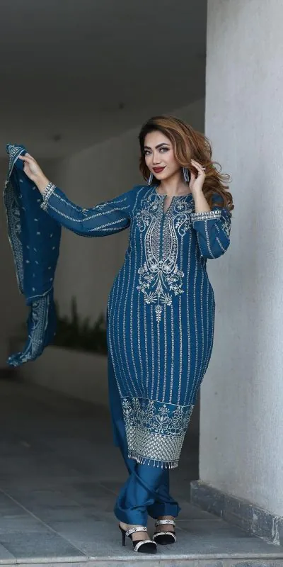 SRK 5152 Blue Color Pure Chinnon Silk Embroidery Sequence Salwar Suit Wedding, Party, Festive, Events Expected Delivery 4-6 Working Days @ 1899/- | Jump Suits, Salwar suit, Casual Suits, Creative suits, Designer Suits, Palazzo Suits, Party Wear Suits, Patiala Suits, Straight Suits
