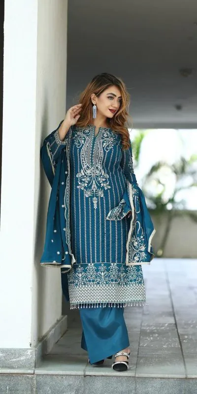 SRK 5152 Blue Color Pure Chinnon Silk Embroidery Sequence Salwar Suit Wedding, Party, Festive, Events Expected Delivery 4-6 Working Days @ 1899/- | Jump Suits, Salwar suit, Casual Suits, Creative suits, Designer Suits, Palazzo Suits, Party Wear Suits, Patiala Suits, Straight Suits