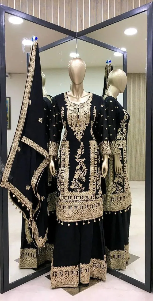 SRK 5146 Black Color Pure Chinnon Silk Embroidery Coding Dori Salwar Suit Wedding, Party, Festive, Events Expected Delivery 4-6 Working Days @ 2199/- | Casual Suits, Jump Suits, Salwar suit, Creative suits, Designer Suits, Palazzo Suits, Party Wear Suits, Patiala Suits, Straight Suits