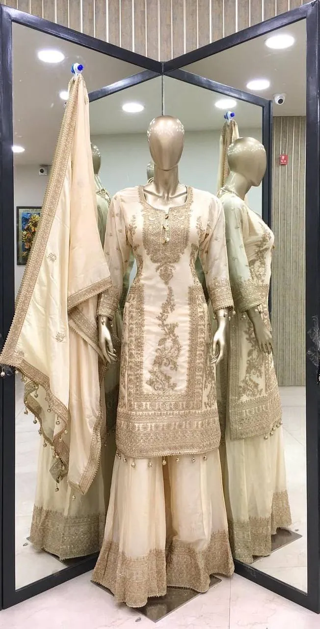 SRK 5146 Golden Color Pure Chinnon Silk Embroidery Coding Dori Salwar Suit Wedding, Party, Festive, Events Expected Delivery 4-6 Working Days @ 2199/- | Casual Suits, Jump Suits, Salwar suit, Creative suits, Designer Suits, Palazzo Suits, Party Wear Suits, Patiala Suits, Straight Suits