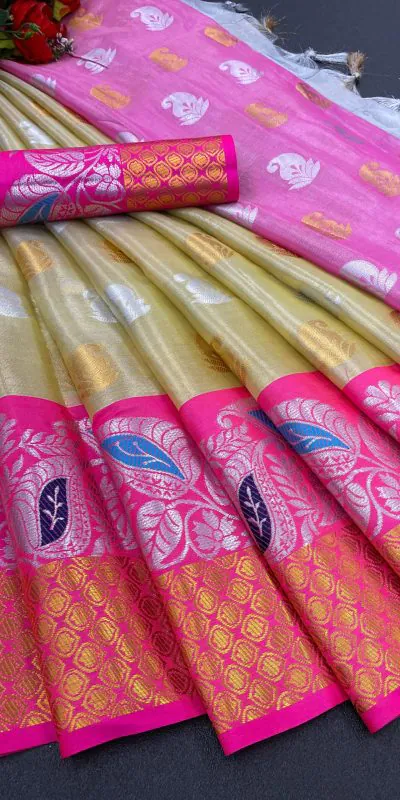 MB™️  3243 Golden Color Soft Organic Tissue Silk Saree Gold ,Silver Zari Weaving Casual, Party Wear, Festival, Events, Etc. Delivery 4-6 Working Days @1550/- | Designer Sarees, Sarees, Bollywood Sarees, Creative Sarees, Embroidered Sarees, Ethnic Saree, Modern Digital sarees, Party Wear Sarees