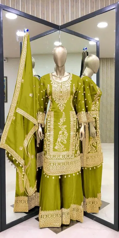 SRK 5146 Green Color Pure Chinnon Silk Embroidery Coding Dori Salwar Suit Wedding, Party, Festive, Events Expected Delivery 4-6 Working Days @ 2199/- | Casual Suits, Jump Suits, Salwar suit, Creative suits, Designer Suits, Palazzo Suits, Party Wear Suits, Patiala Suits, Straight Suits